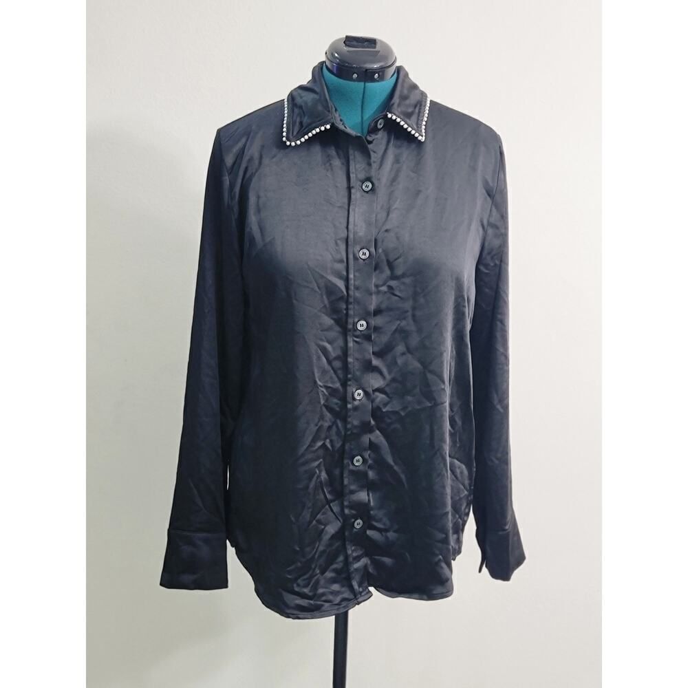 Kittenish All The Rage Black Satin Button Down Long Sleeve Faux Pearls Size XL